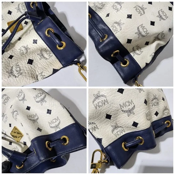 Authentic MCM 2way Visetos Small Drawstring Shoulder Bag White/Navy Blue - Picture 12 of 16